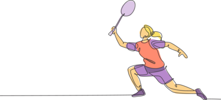 uno soltero línea dibujo de joven energético bádminton jugador saltando y aplastar volante ilustración. sano deporte concepto. moderno continuo línea dibujar diseño para bádminton torneo póster png