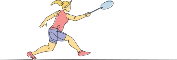 un continu ligne dessin de Jeune badminton joueur frappé volant avec raquette. compétitif sport concept. dynamique Célibataire ligne dessiner conception illustration pour tournoi rencontre promotion affiche png