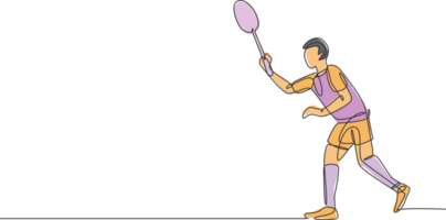 een doorlopend lijn tekening van jong badminton speler klaar naar nemen tegenstander dienen. sport oefening concept. dynamisch single lijn trek ontwerp illustratie voor toernooi bij elkaar passen Promotie poster png