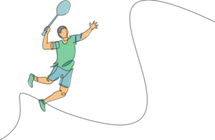 singolo continuo linea disegno di giovane agile badminton giocatore saltare colpire volano. sport esercizio concetto. di moda uno linea disegnare design illustrazione per badminton torneo pubblicazione media png