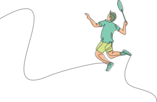 ett enda linje teckning av ung energisk badminton spelare Hoppar och smash fjäderboll illustration. friska sport begrepp. modern kontinuerlig linje dra design för badminton turnering affisch png