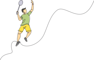 enda kontinuerlig linje teckning ung vig badminton spelare Hoppar smash fjäderboll. konkurrenskraftig sport begrepp. ett linje dra design grafisk illustration för badminton turnering offentliggörande png