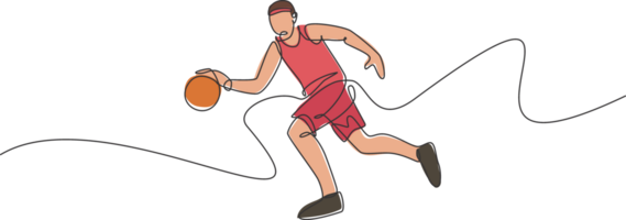 single doorlopend lijn tekening van jong gezond basketbal speler dribbelen een bal. competitief sport concept. modieus een lijn trek ontwerp illustratie voor basketbal toernooi Promotie media png