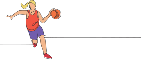 One continuous line drawing of young basketball woman player running and dribbling a ball. Competitive team sport concept. Dynamic single line draw design illustration graphic for sport poster png