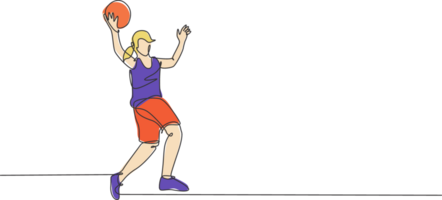 1 contínuo linha desenhando jovem basquetebol mulher jogador pegar a bola. competitivo trabalho em equipe esporte conceito. dinâmico solteiro linha desenhar Projeto gráfico ilustração para torneio promoção meios de comunicação png