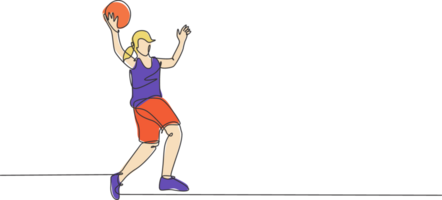 einer kontinuierlich Linie Zeichnung jung Basketball Frau Spieler Fang das Ball. wettbewerbsfähig Zusammenarbeit Sport Konzept. dynamisch Single Linie zeichnen Design Grafik Illustration zum Turnier Beförderung Medien png