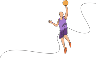 One continuous line drawing of young basketball player jumping to shot the ball. Team sport concept. Dynamic single line draw design illustration for college basket ball team recruitment poster png