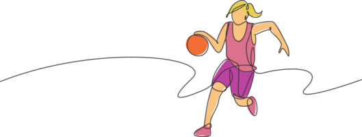 Single continuous line drawing of young healthy basketball female player dribbling. Competitive sport concept. Trendy one line draw design illustration for basketball tournament promotion media png