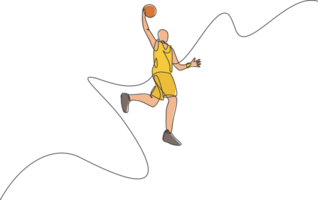 One single line drawing of young energetic basketball player jumping throw the ball illustration. Sports competition concept. Modern continuous line draw design for basketball tournament poster png