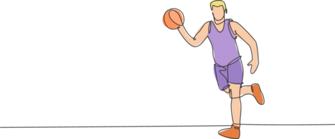 enda kontinuerlig linje teckning av ung friska basketboll spelare dribblingar boll. konkurrenskraftig sport begrepp. trendig ett linje dra design illustration för basketboll turnering befordran media png