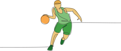 Single continuous line drawing of young agile basketball player dribbling the ball. Competitive sport concept. Trendy one line draw design illustration for basketball tournament promotion media png