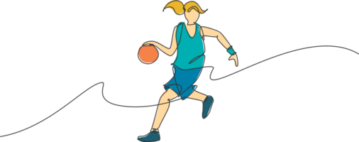 ett kontinuerlig linje teckning av ung vig basketboll kvinna spelare dribblingar de boll. lagarbete konkurrenskraftig sport begrepp. dynamisk enda linje dra design illustration för turnering affisch png