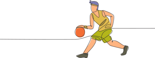 uno continuo línea dibujo de joven baloncesto jugador corriendo y regate el pelota. trabajo en equipo deporte concepto. dinámica soltero línea dibujar diseño ilustración para equipo Universidad reclutamiento póster png