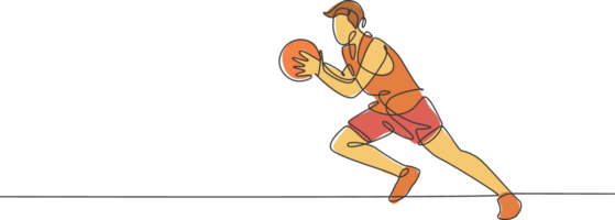 soltero continuo línea dibujo de joven sano baloncesto masculino jugador correr. competitivo deporte concepto. de moda uno línea dibujar diseño ilustración para baloncesto torneo promoción medios de comunicación png