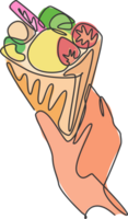 uno singolo linea disegno di fresco delizioso croccante crepes con wafer bastone su mano illustrazione. dolce merenda veloce cibo bar menù e ristorante distintivo concetto. moderno continuo linea disegnare design png