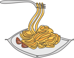 un Célibataire ligne dessin de Frais délicieux italien spaghetti logo illustration. Pâtes vite nourriture café menu et restaurant badge concept. moderne continu ligne dessiner conception rue nourriture logotype png