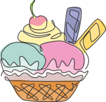 Single continuous line drawing of stylized ice cream cup with cherry topping logo label. Sweet frozen dessert concept. Modern one line draw design graphic illustration for snack cafe shop png