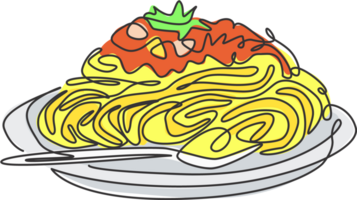 un Célibataire ligne dessin Frais délicieux italien spaghetti logo graphique illustration. Italie nouille vite nourriture café menu et restaurant badge concept. moderne continu ligne dessiner conception logotype png