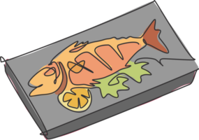 uno soltero línea dibujo de Fresco sabroso delicioso horneado salmón pescado en caliente plato logo ilustración. Mariscos café menú y restaurante Insignia concepto. moderno continuo línea dibujar calle comida diseño png