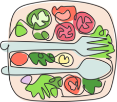 een doorlopend lijn tekening van vers heerlijk salade restaurant logo embleem, van top visie. gezond biologisch voedsel cafe winkel logotype sjabloon concept. modern single lijn trek ontwerp illustratie png