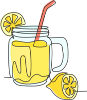 One single line drawing of fresh lemonade ice on jar glass with sliced lemon illustration graphic. Cafe menu and restaurant badge concept. Modern continuous line draw art design png