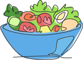 Célibataire continu ligne dessin de stylisé des légumes salade sur bol logo étiqueter. en bonne santé nourriture restaurant concept. moderne un ligne dessiner conception illustration pour café, magasin ou nourriture livraison un service png