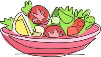 een single lijn tekening van vers gezond groenten salade logo grafisch illustratie. biologisch voedsel cafe menu en restaurant insigne concept. modern doorlopend lijn trek ontwerp straat voedsel logotype png