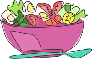 een doorlopend lijn tekening van vers heerlijk veganistisch salade restaurant logo embleem. gezond voedsel cafe winkel logotype sjabloon concept. modern single lijn trek ontwerp grafisch illustratie png