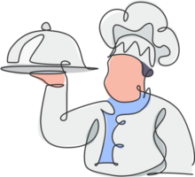 solteiro contínuo linha desenhando do estilizado homem chefe de cozinha servindo Comida para restaurante logotipo rótulo. Comida cafeteria mascote conceito. moderno 1 linha desenhar Projeto gráfico ilustração para Comida Entrega serviço png