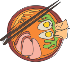 Single continuous line drawing of stylized Japanese ramen logo label, top view. Fast food noodle restaurant concept. Modern one line draw design illustration for cafe or food delivery service png