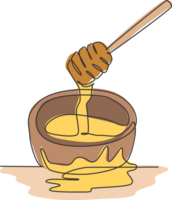 One continuous line drawing of fresh delicious sweet honey on wooden bowl with dipper drip. Natural organic food template concept. Modern single line draw design healthy supplement vector illustration png