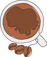 soltero continuo línea dibujo de parte superior ver taza de café con frijoles logo etiqueta. emblema café tienda concepto. moderno uno línea dibujar diseño ilustración para cafetería, tienda o bebida entrega Servicio png