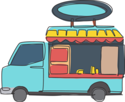 een single lijn tekening van modieus voedsel vrachtauto logo grafisch illustratie. mobiel snel voedsel cafe menu en restaurant insigne concept. modern doorlopend lijn trek ontwerp straat voedsel logotype png