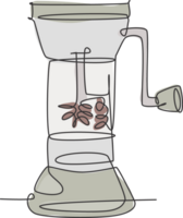 enda kontinuerlig linje teckning av stiliserade manuell praktisk trä- kaffe bönor kvarn logotyp märka. emblem kaffe affär begrepp. årgång ett linje dra design illustration för Kafé eller dryck Lagra png