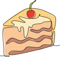 enkele doorlopende lijntekening van gestileerde gesneden cake met kersenfruit topping art. zoet gebak concept. moderne één lijn tekenen ontwerp vector grafische illustratie voor banketbakkerij png