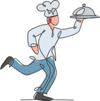 uno singolo linea disegno di giovane uomo in esecuzione mentre trasporto vassoio copertina campana di vetro per cibo consegna servizio logo illustrazione. ristorante cibo consegna concetto. moderno continuo linea disegnare design png