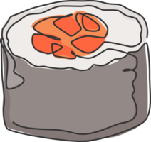 soltero continuo línea dibujo de estilizado japonés maki Sushi bar logo etiqueta. emblema mar comida restaurante concepto. moderno uno línea dibujar diseño ilustración para tienda o comida entrega Servicio png