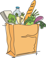 un dessin continu de délicieux légumes frais, lait, baguette et pain à l'intérieur d'un sac d'épicerie en papier. concept d'aliment de base. illustration graphique vectorielle de conception de dessin à une seule ligne moderne png