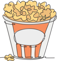 One single line drawing of fresh salty pop corn with stripped pattern paper bucket vector graphic illustration. Snack for watching movies concept. Modern continuous line draw design png