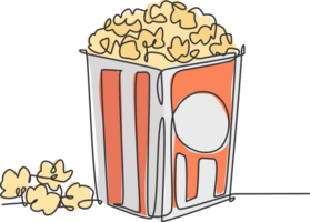 One continuous line drawing of fresh sweet delicious pop corn with stripped pattern paper box . Snack for watching movies concept. Modern single line draw design graphic vector illustration png