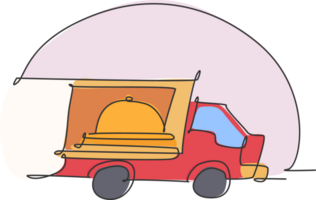 Single kontinuierlich Linie Zeichnung von stilisiert LKW Box Auto mit Tablett Startseite Glocke zum Essen Lieferung Bedienung Logo Etikett. Restaurant Essen Lieferung Konzept. modern einer Linie zeichnen Design Illustration png