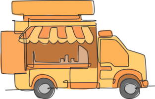 Célibataire continu ligne dessin de stylisé nourriture un camion parking logo étiqueter. mobile vite nourriture restaurant concept. moderne un ligne dessiner conception illustration pour café, magasin ou nourriture livraison un service png