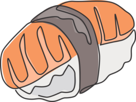 1 solteiro linha desenhando do fresco delicioso japonês Sushi Barra logotipo ilustração. Japão nigiri mar Comida cardápio e restaurante crachá conceito. moderno contínuo linha desenhar Projeto rua Comida logótipo png
