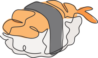 One single line drawing of fresh Japanese nigiri sushi bar logo illustration. Fresh Japan food cafe menu and restaurant badge concept. Modern continuous line draw design street food logotype png