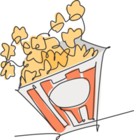 One single line drawing of fresh salty popcorn with stripped patter paper box vector graphic illustration. Snack for watching movies concept. Modern continuous line draw design png