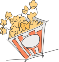 un Célibataire ligne dessin de Frais salé pop corn avec dépouillé crépiter papier boîte vecteur graphique illustration. casse-croûte pour en train de regarder films concept. moderne continu ligne dessiner conception png