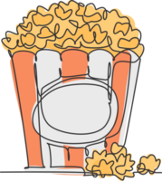 One continuous line drawing fresh delicious sweet popcorn on stripped paper box and scattered on table. Snack for watching movies concept. Modern single line draw design vector graphic illustration png