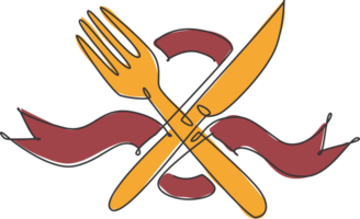 einer kontinuierlich Linie Zeichnung von Messer und Gabel mit Band zum Restaurant Logo Emblem. Luxus Cafe Geschäft Logo Vorlage Konzept. modern Single Linie zeichnen Design Grafik Illustration png