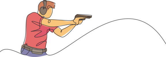 One single line drawing of young man practicing to shot target in range on shooting training ground graphic illustration. Clay pigeon shooting sport concept. Modern continuous line draw design png