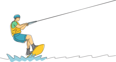 Célibataire continu ligne dessin de Jeune sportif surfeur homme en jouant - dans le mer. extrême dangereux mer sport concept. été vacances vacances. branché un ligne dessiner conception graphique illustration png